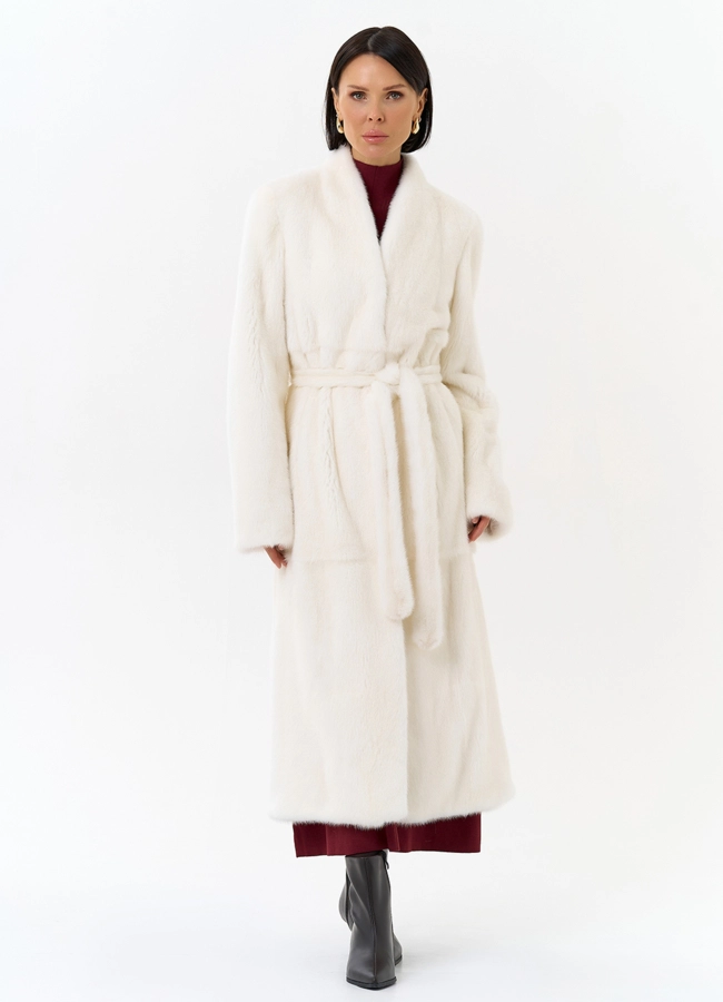 Белая шуба из меха норки с поясом модель № 31320 меха малина