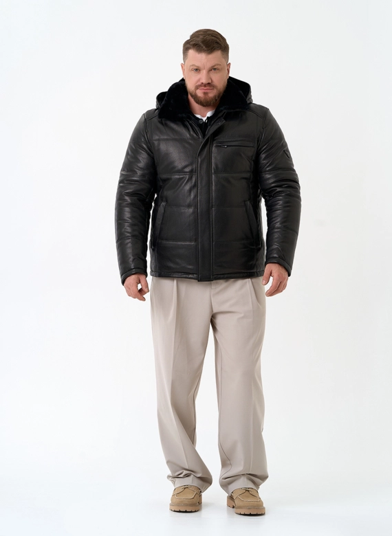 Мужской пуховик из натуральной кожи с капюшоном фото