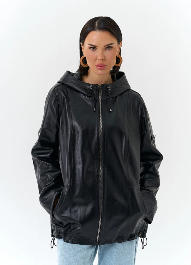 Женская куртка из натуральной кожи с капюшоном модель № 32875 универмаг малина