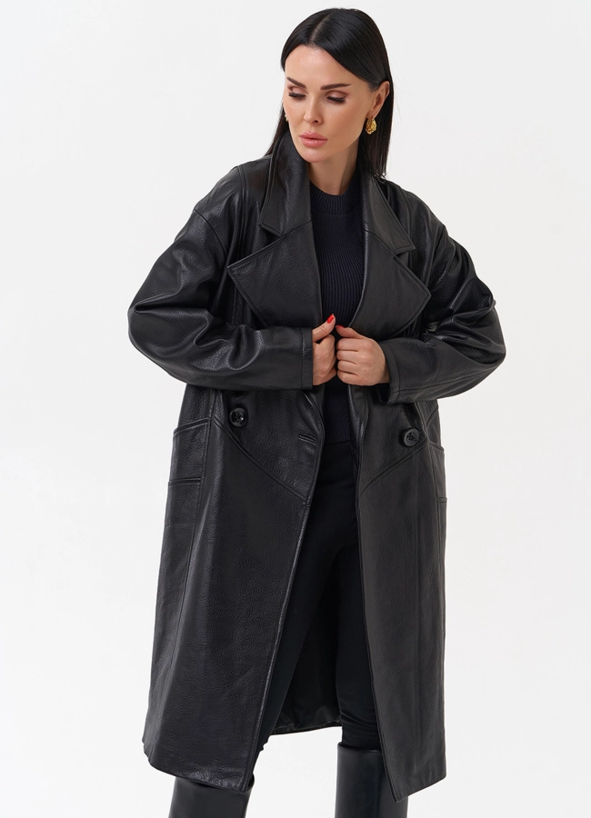 Плащ женский длинный из натуральной кожи модель № 4447 меха малина