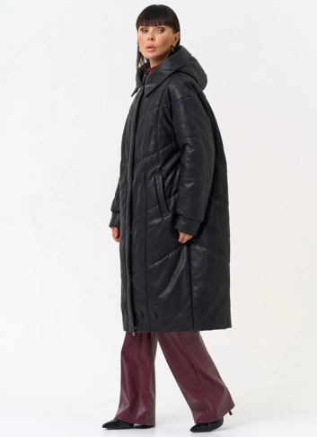 Женский пуховик из эко кожи со съемным эко мехом