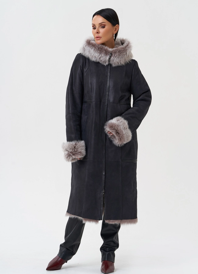 Дубленка с отделкой из тосканы с капюшоном модель № 28699 меха малина