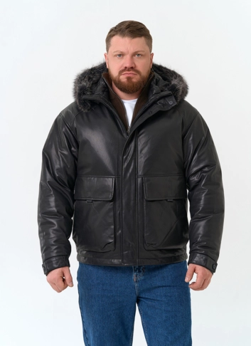 Мужской пуховик из натуральной кожи с мехом енота на капюшоне фото