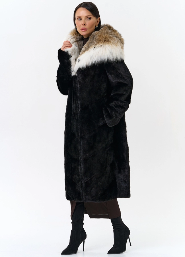 Норковая шуба черного цвета с рысью модель № 25004 универмаг малина