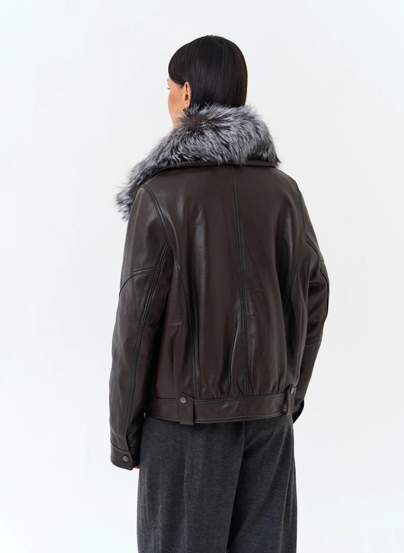 Женский пуховик из натуральной кожи с чернобуркой фото