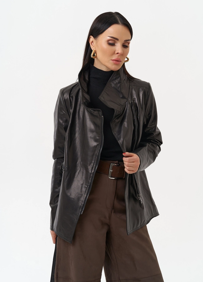 Удлиненная куртка из натуральной кожи с поясом модель № 10703 универмаг малина