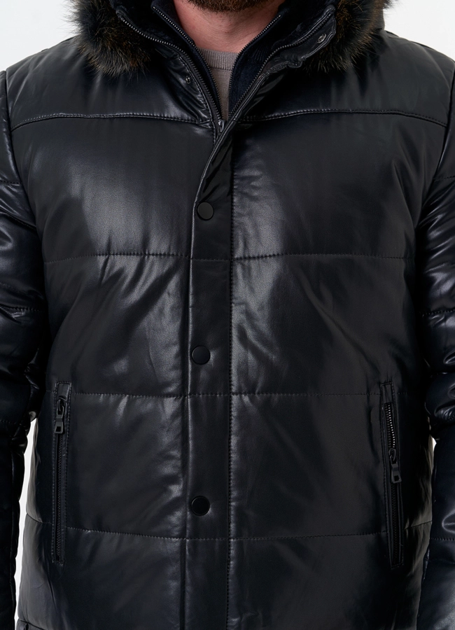 Пуховик из эко кожи с капюшоном из меха енота модель № 31720 универмаг малина