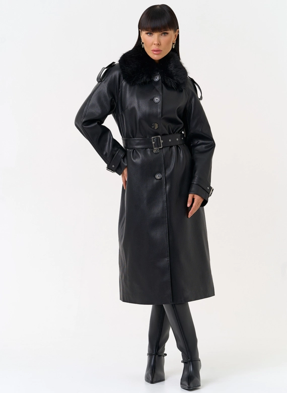 Женское утепленное пальто из экокожи с воротником из эко меха